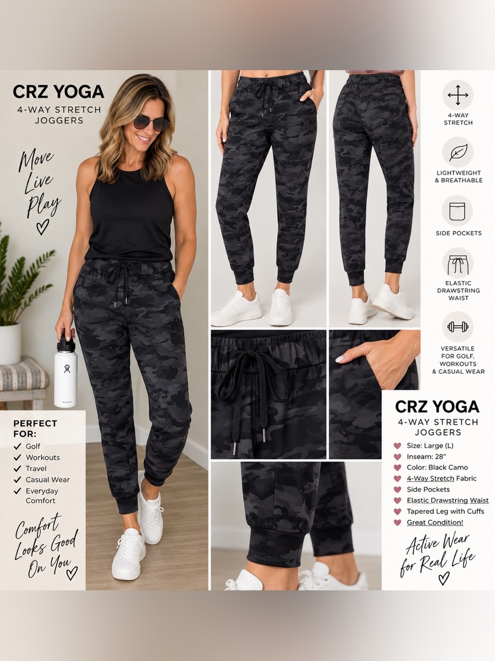 CRZ Yoga Black Camo 4-Way Stretch Jogger Pants-Large